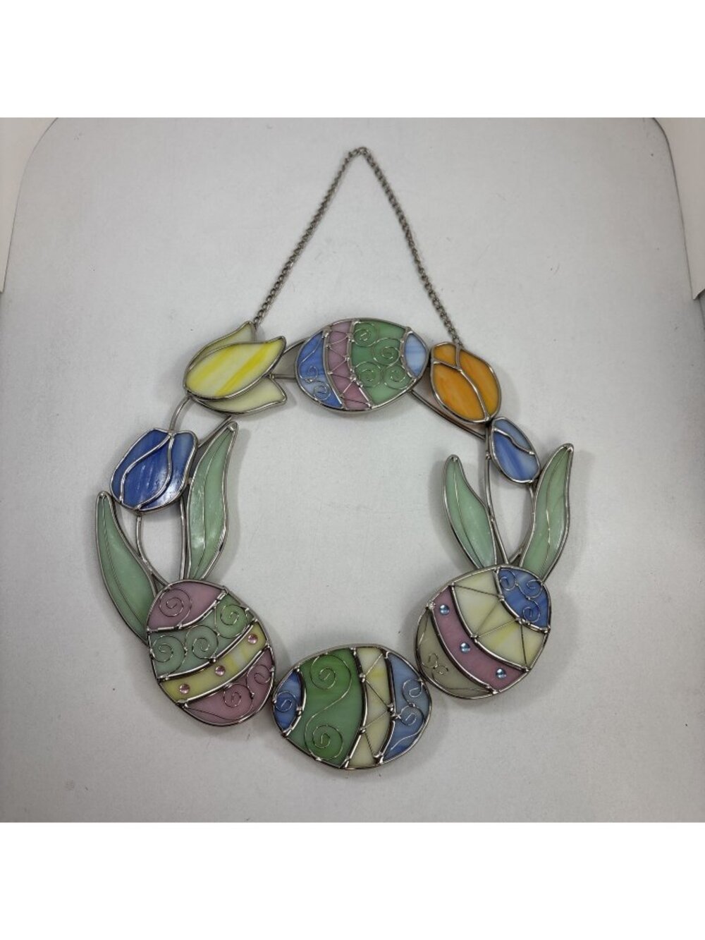 Stained Glass Easter Egg Tulip Wreath Hanging Suncatcher - Picture 1 of 7